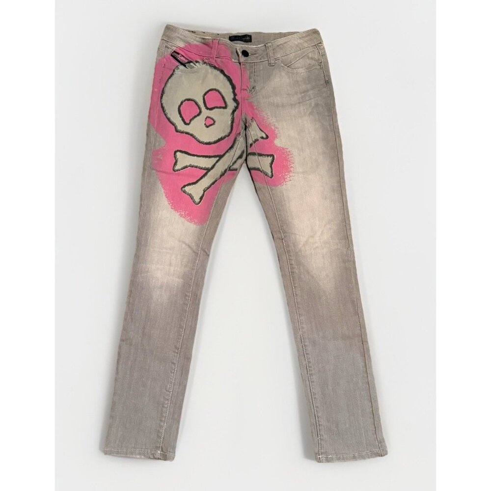 Y2K Skull Spray Paint Art Low Rise Jeans 7 Street Punk Rock Eclectic Whimsigoth